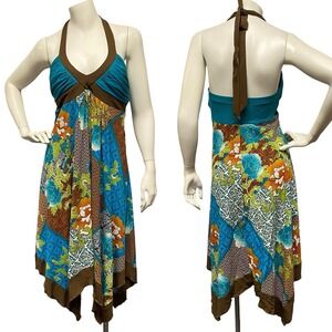 Vintage XOXO Fairy Babydoll Y2K Halter Medium Midi Dress Colorful Beachy Coastal